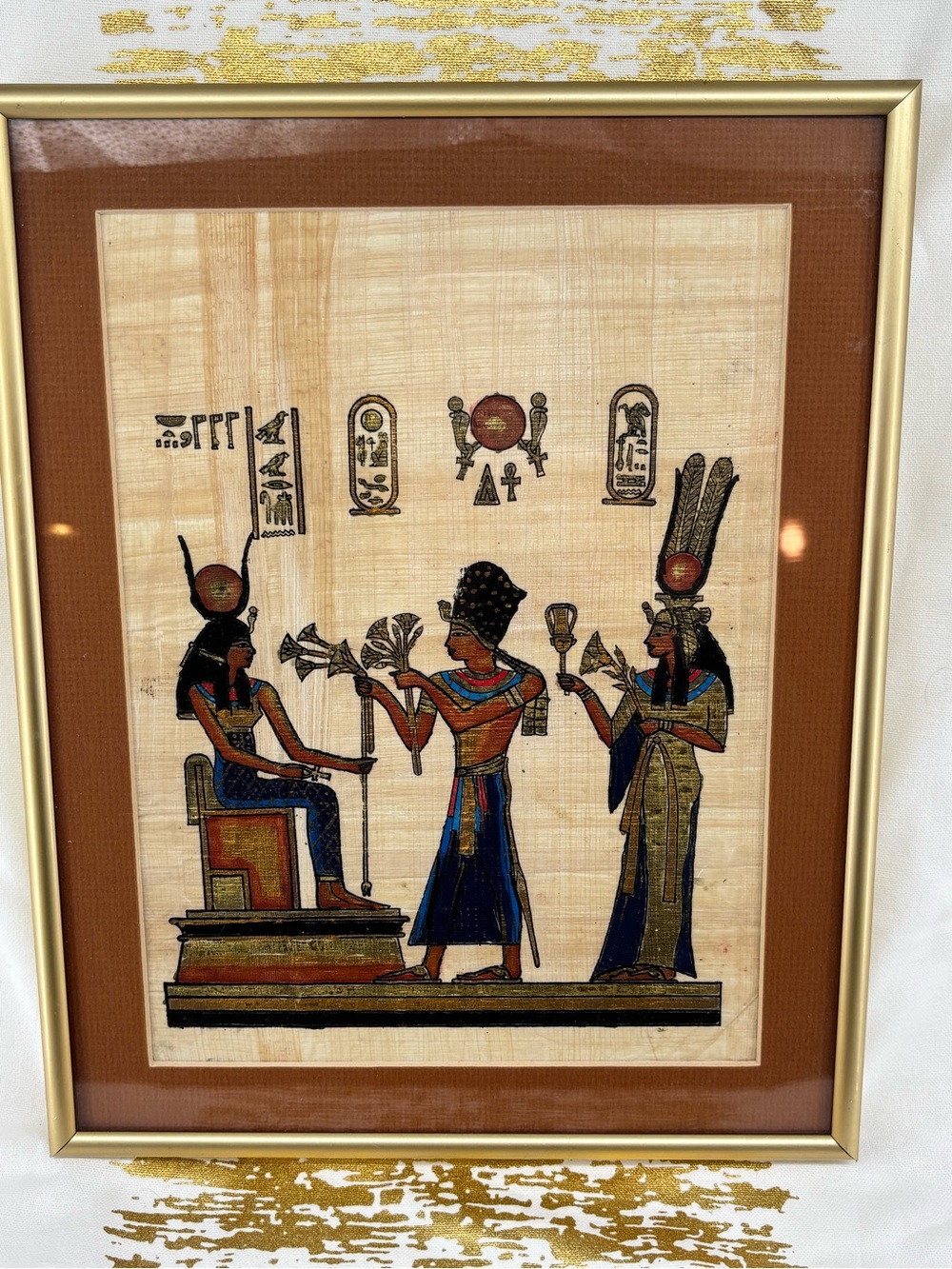 Vintage Hand Painted Egyptian Papyrus Wall Art Professional frame and mat 13x10W